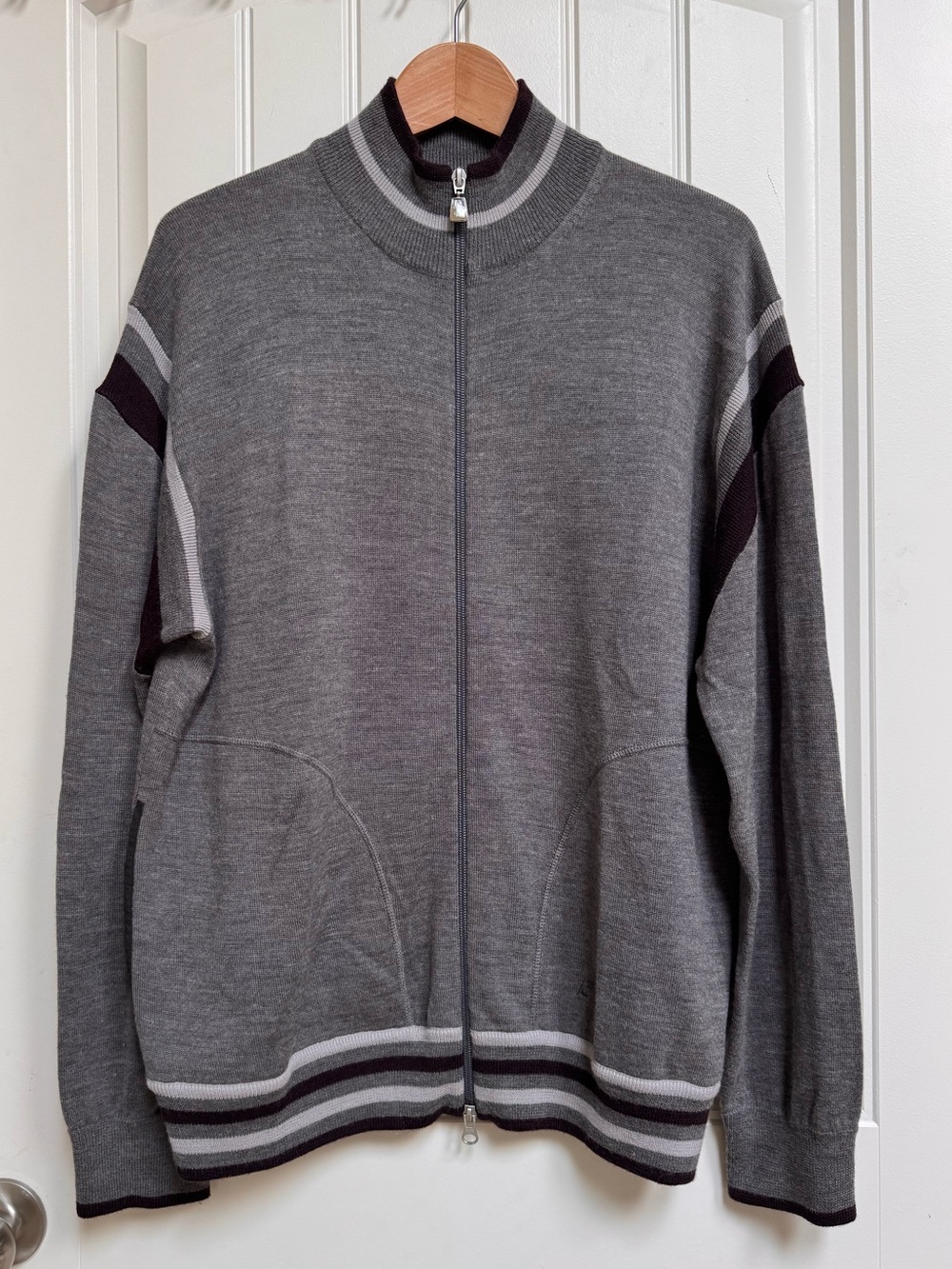 French Connection Grey Wool-blend Full-zip Varsity Knit Sweater. Size XL